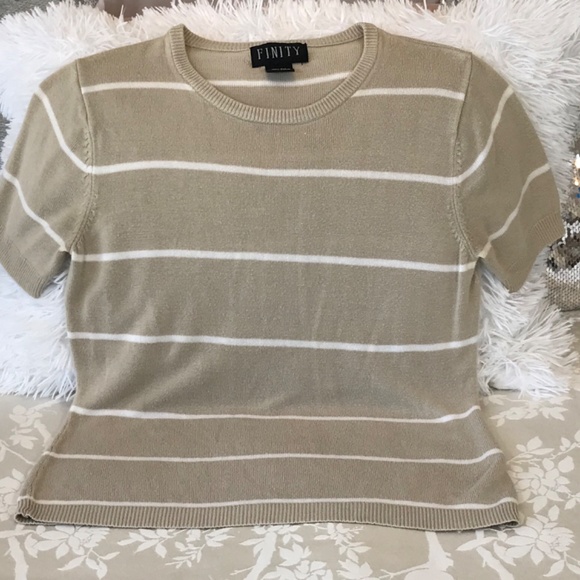 Finity Women’s Tan & White Striped Short Sleeve Silk Top - Picture 2 of 7